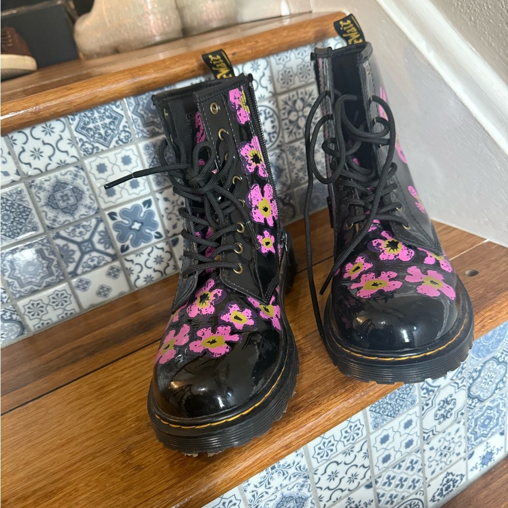 Dr. Martens Black Boots with Pink Floral Design